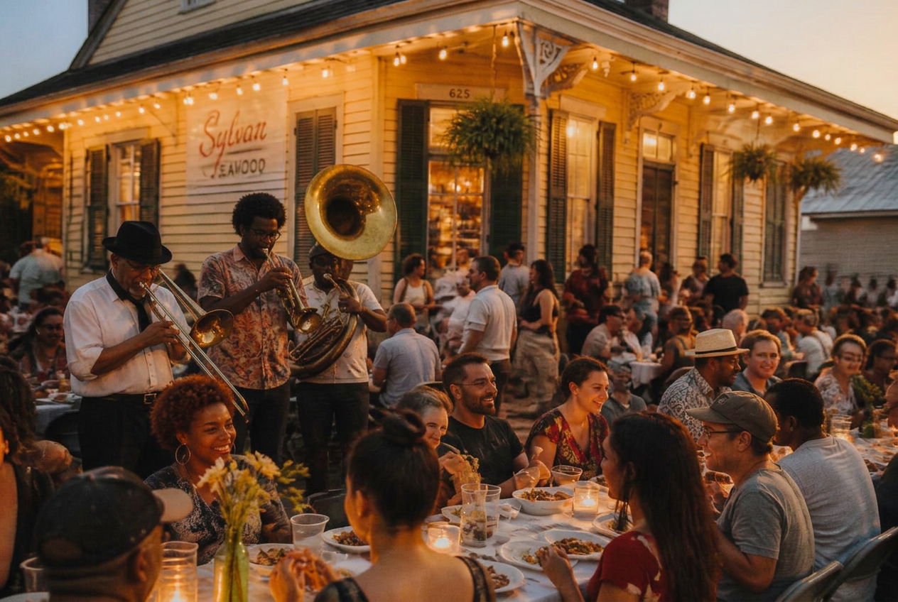 Neighbors sharing a long-table dinner outside a New Orleans corner restaurant while a brass trio plays