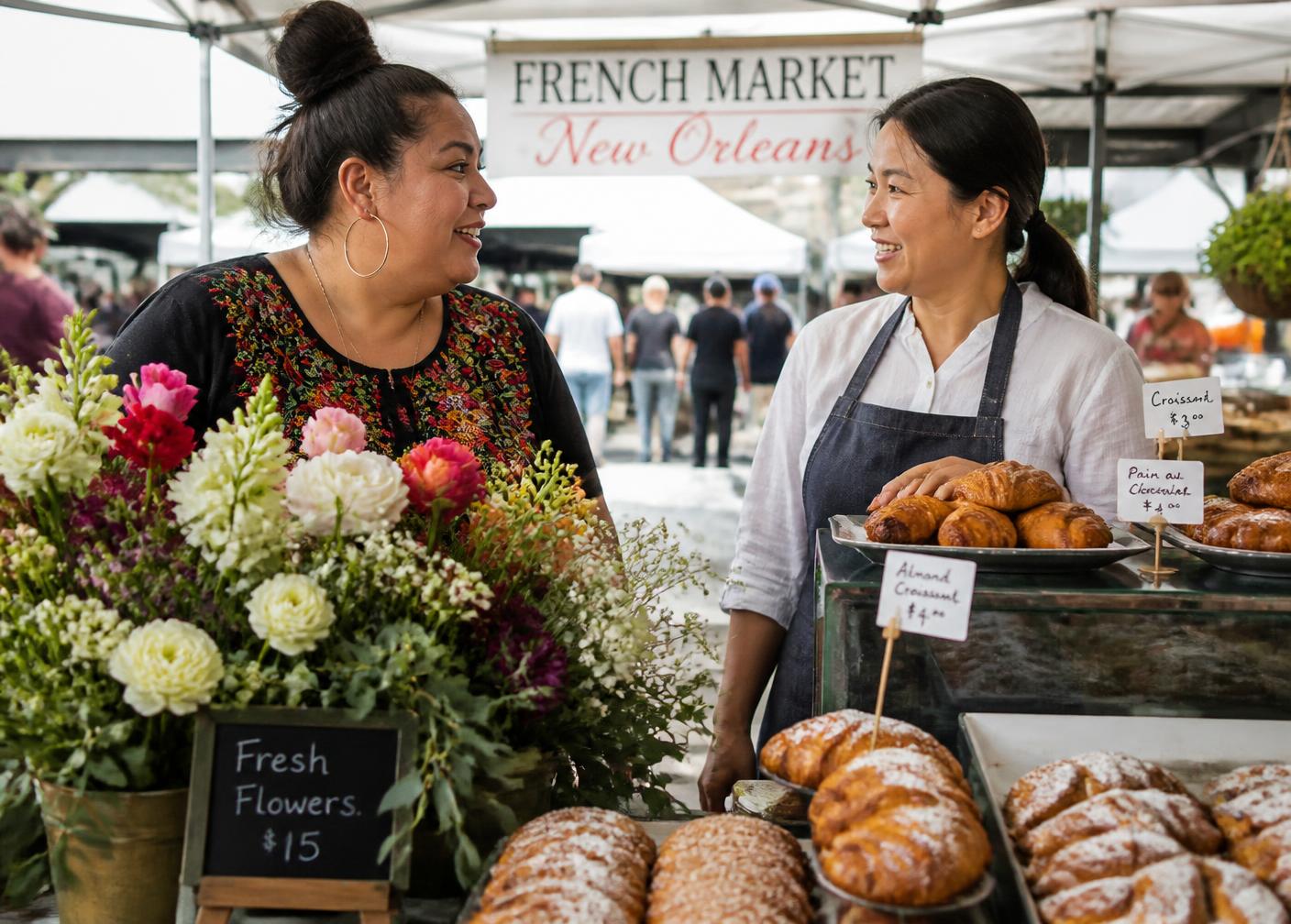 Two local business owners at an outdoor New Orleans market stall